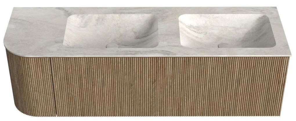 Mondiaz Kurve-dlux 145cm badmeubel ronding links dusk met 1 lade en deur en wastafel leaf dubbel/rechts zonder kraangat ostra