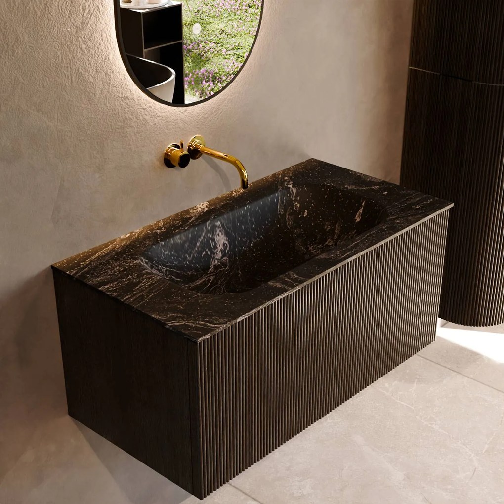 Mondiaz Kurve-dlux 90cm badmeubel shadow met 1 lade en wastafel big small midden zonder kraangat lava