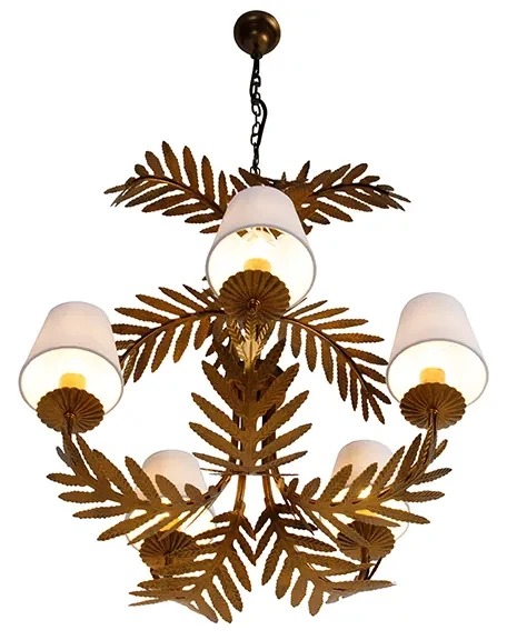 kroonluchter goud met met linen klemkappen wit 5-lichts - Botanica Landelijk E14 Binnenverlichting Lamp