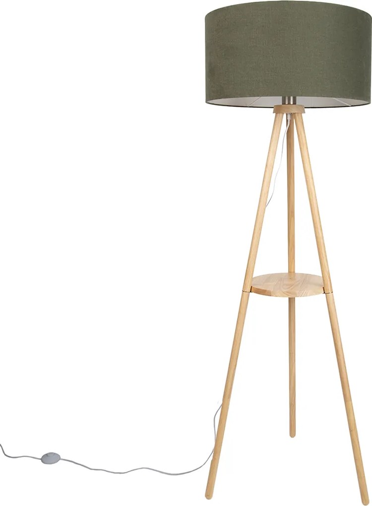 Vloerlamp hout tripod met groene kap 50cm - Lou