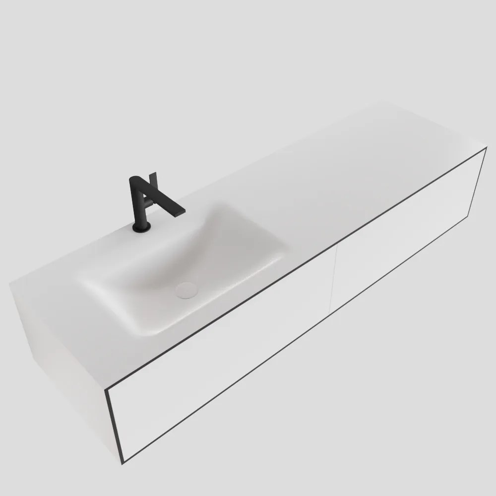 Zaro Lagom volledig naadloos solid surface onderkast 150cm mat zwart met 2 lades Push tot open. Compleet met solid surface wastafel met 1 kraangat(en)