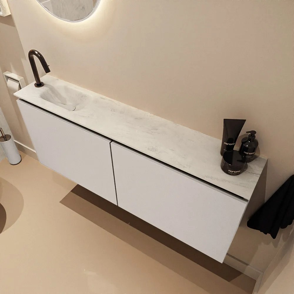 Mondiaz Ture DLux toiletmeubel 120cm linen met wastafel opalo links met kraangat