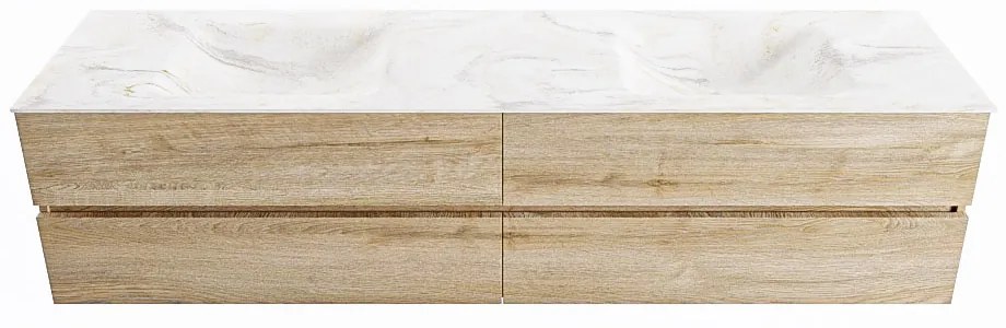 Mondiaz Vica DLux badmeubel 200cm washed oak 4 lades met wastafel ostra dubbel zonder kraangat