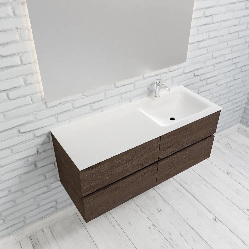 Zaro Valencia Solid Surface badmeubel 120cm donker eiken 1 kraangat spoelbak rechts met 4 lades