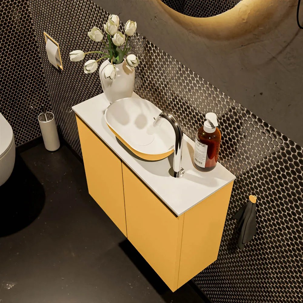 Mondiaz Fowy toiletmeubel 60cm ocher met gele waskom midden en kraangat