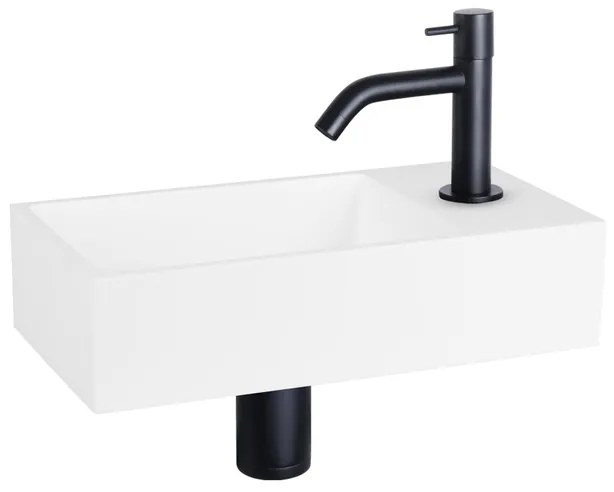 Differnz Solid fonteinset - 36x18.5x9cm - Rechthoek - 1 kraangat - Gebogen zwart matte kraan - Solid surface Wit 38.402.28