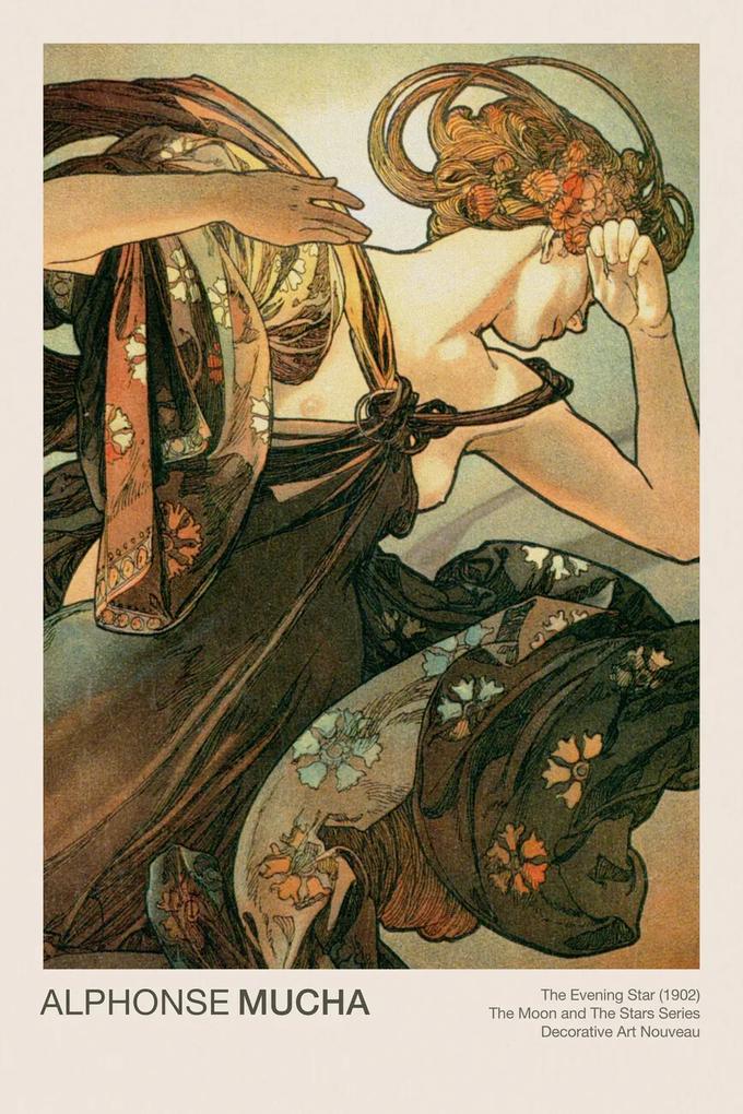 Kunstdruk The Evening Star (Celestial Art Nouveau / Beautiful Female Portrait) - Alphonse / Alfons Mucha, (26.7 x 40 cm)