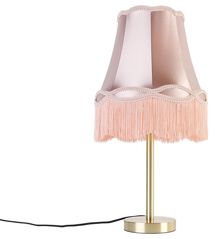 Stoffen Klassieke tafellamp messing met granny kap roze 30 cm - Simplo Klassiek / Antiek E27 rond Binnenverlichting Lamp