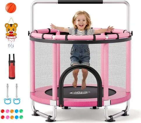VEVOR minitrampoline voor kinderen met veiligheidsnet en handgreep, roze buitentrampoline voor in de tuin met basketbalring, basketbal en boksbal voor kinderen kerst- of verjaardagscadeau
