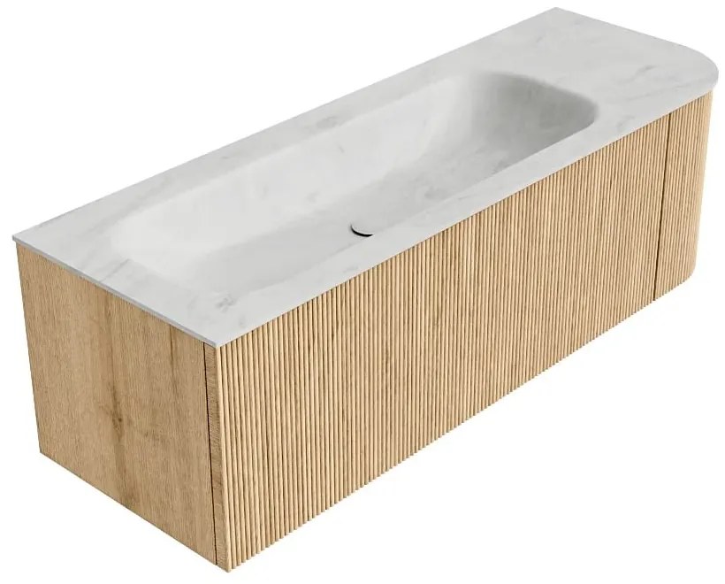 Mondiaz Kurve-dlux 135cm badmeubel ronding rechts oak met 1 lade en deur en wastafel big medium links zonder kraangat opalo