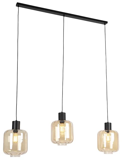 Design hanglamp zwart met amber glas 3-lichts 161,5 cm - Qara