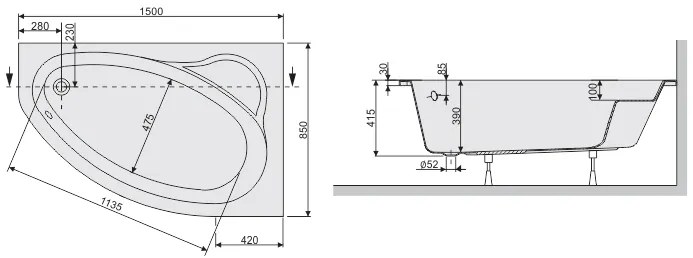 Plazan Ekoplus hoekbad 150x85cm wit rechts inclusief potenset