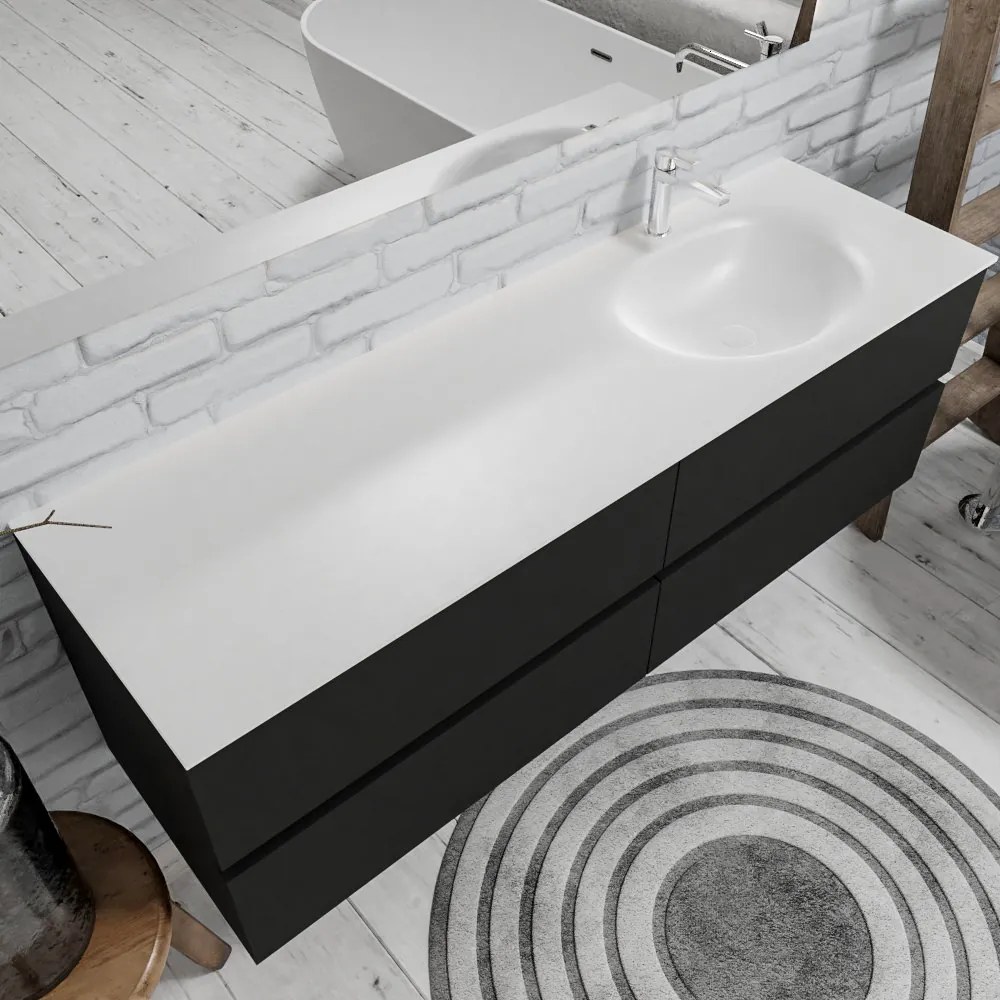 Zaro Sevilla Solid Surface badmeubel 150cm mat zwart 1 kraangat met 4 lades spoelbak rechts