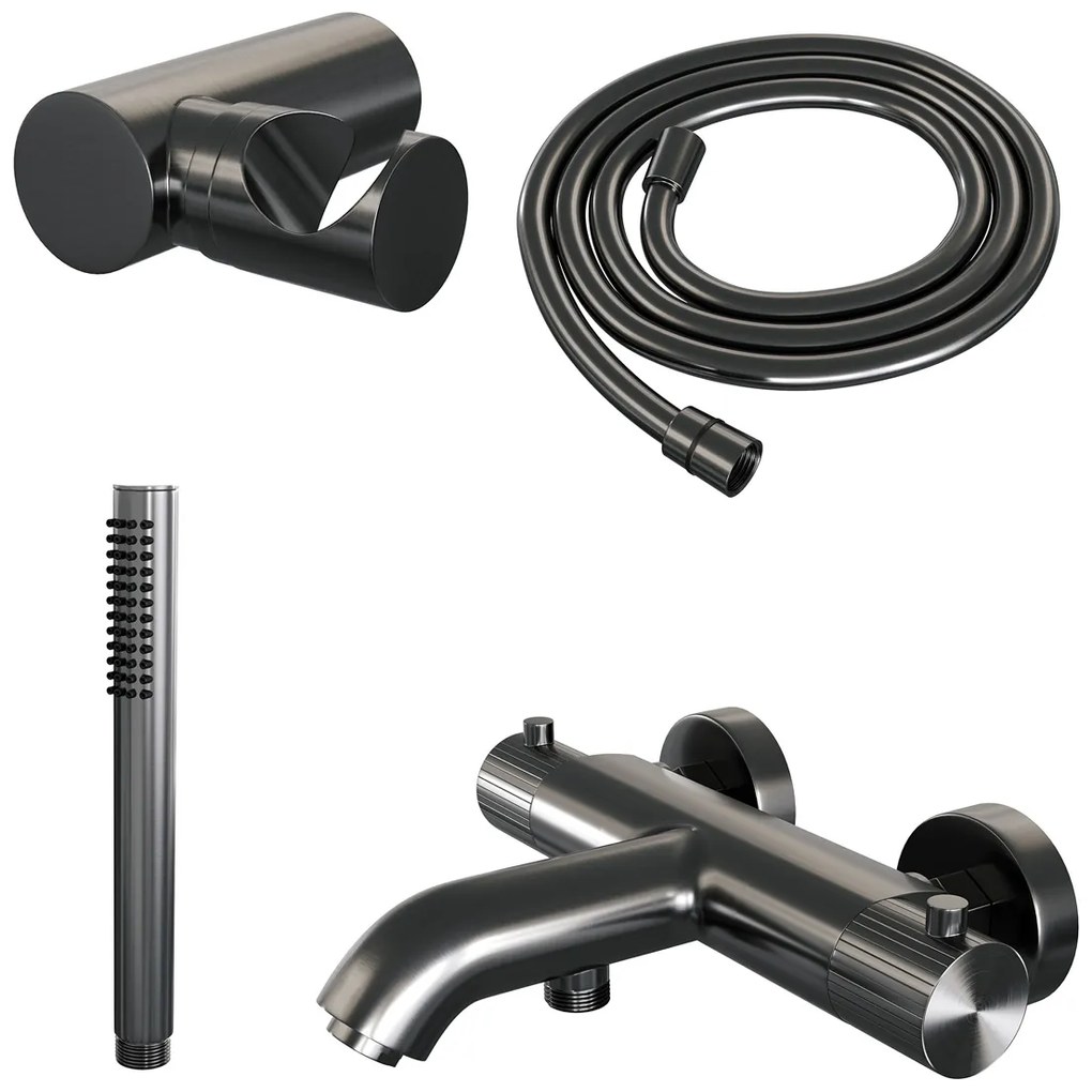Brauer Stripe thermostatische badkraan met wandhouder en staafhanddouche gunmetal geborsteld PVD