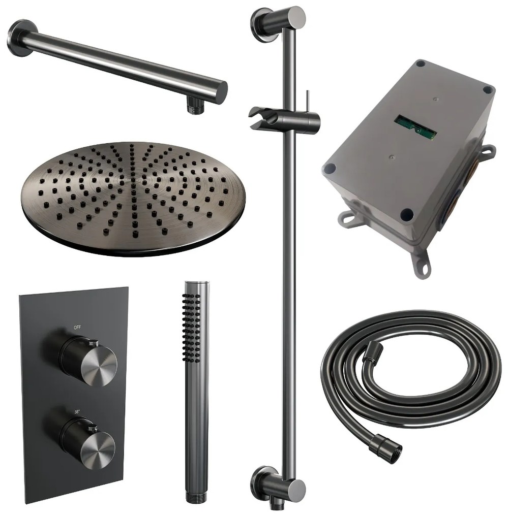 Brauer Gunmetal Edition complete inbouw regendouche met staafhanddouche, rechte wandarm, glijstang en hoofddouche 30cm set 38 gunmetal geborsteld PVD