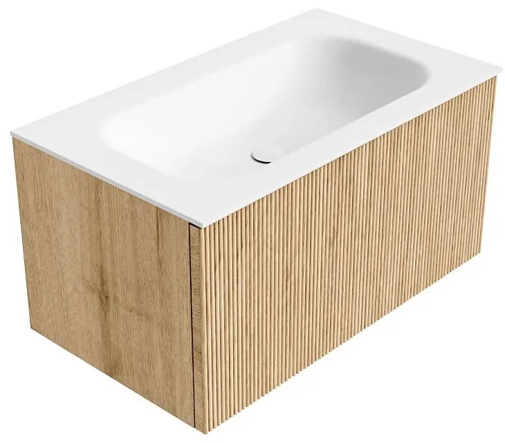 Mondiaz Kurve 80cm badmeubel oak met 1 lade en wastafel big small midden 1 kraangat