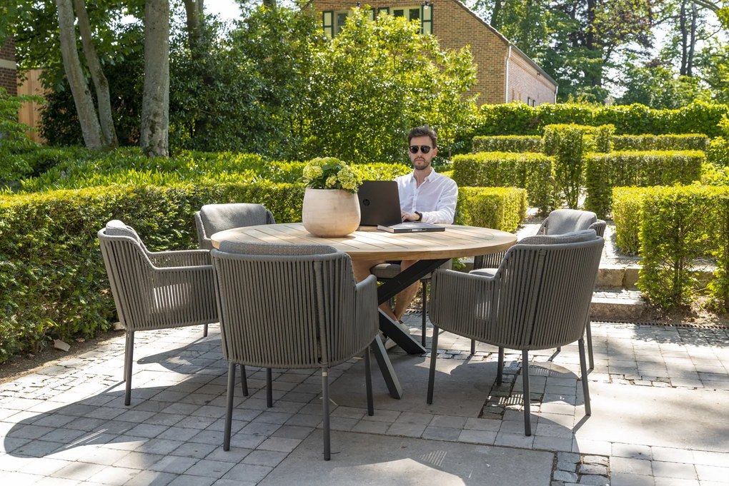 4 Seasons Outdoor Bernini tuinset platinum met RVS Prado tafel teak blad Ø 160 cm  Tuinset    houtkleur weerbestendig