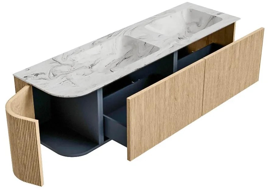 Mondiaz Kurve-dlux 155cm badmeubel ronding links oak met 2 lades en 1 deur en wastafel leaf dubbel/rechts 2 kraangaten glace