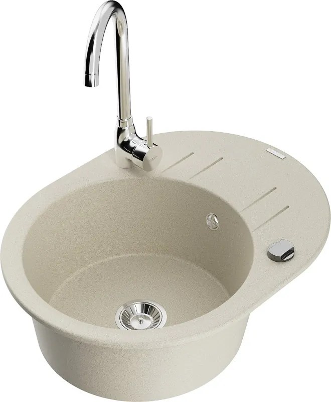 Mexen Kevin granit afvoerbak 1-komor met afdruiprek en keukenkraan Telma, beige - 6517-69-670200-00
