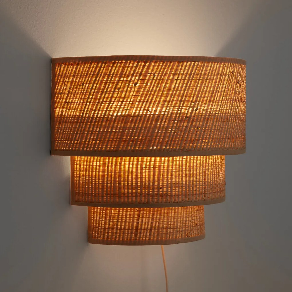 Drievoudige wandlamp in raffia, Dolkie