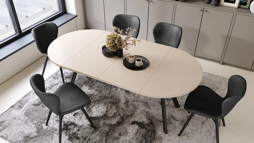 ALDO 100 Beige/Zwarte poten - RONDE LOFT/INDUSTRIËLE TAFEL VOOR WOONKAMER/EETKAMER, UITSCHUIFBAAR