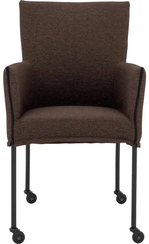 Goossens Eetkamerstoel Funk Zwarte Poten bruin stof met armleuning en Zwart skater wiel met zwarte kapmet wielen, modern design