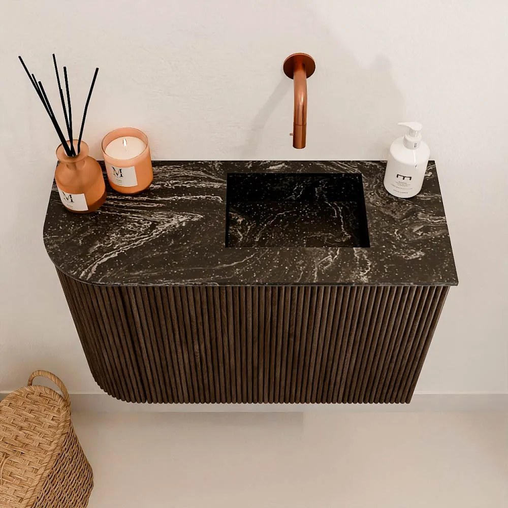 Mondiaz Joya DLux 60cm toiletmeubel ronding links walnut met wastafel faye rechts zonder kraangat lava