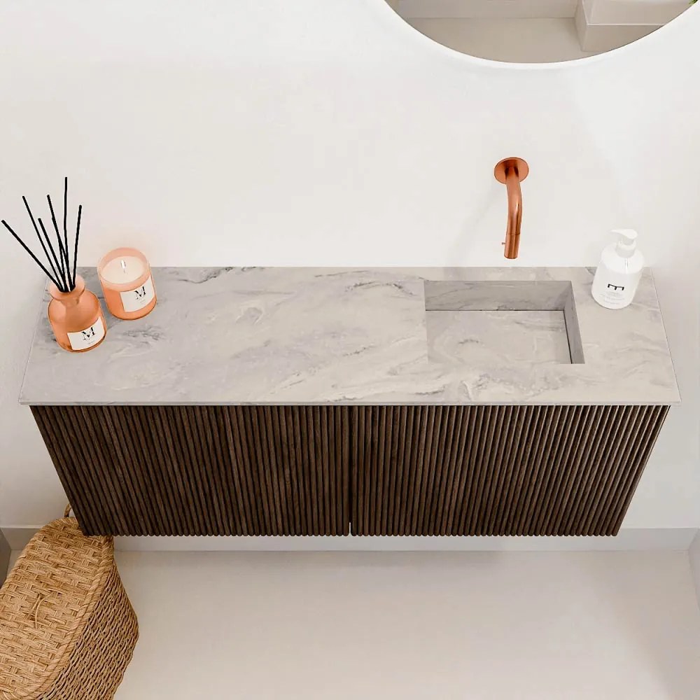 Mondiaz Joya DLux 90cm toiletmeubel walnut met wastafel faye rechts zonder kraangat glace