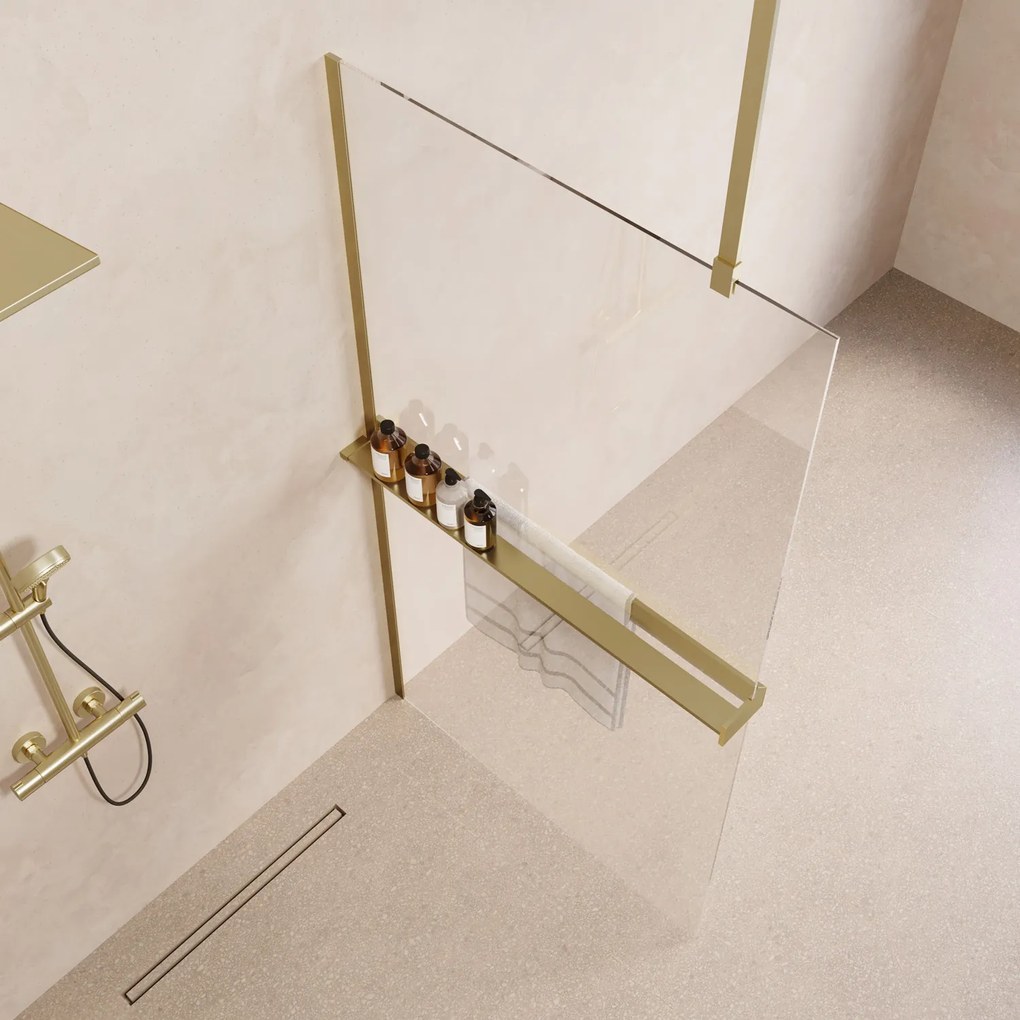 Saniclear Bright inloopdouche 100cm met handdoekhouder en helder glas geborsteld messing - mat goud