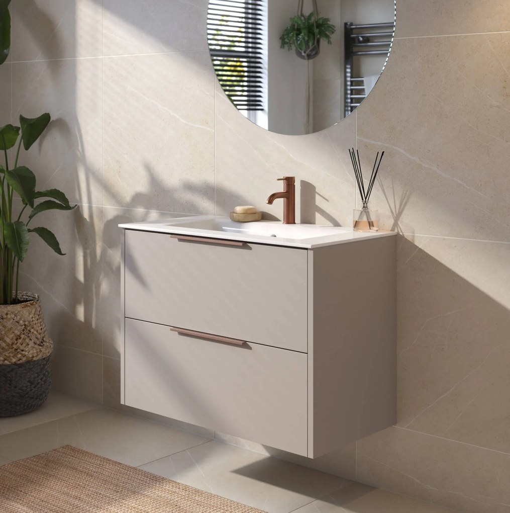 Saqu Lima badmeubel incl. glans witte keramische wastafel 80x46x61cm mat greige – koperen greep