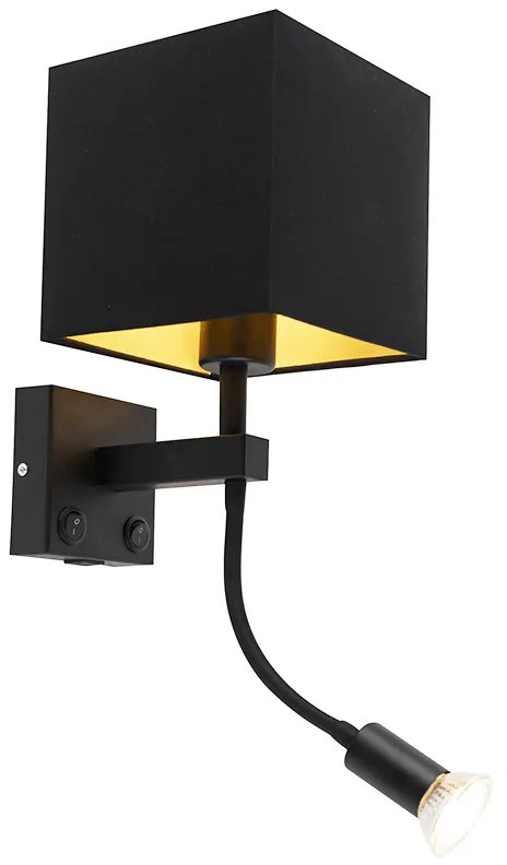 Moderne wandlamp zwart met USB en vierkante zwarte kap - Zeno