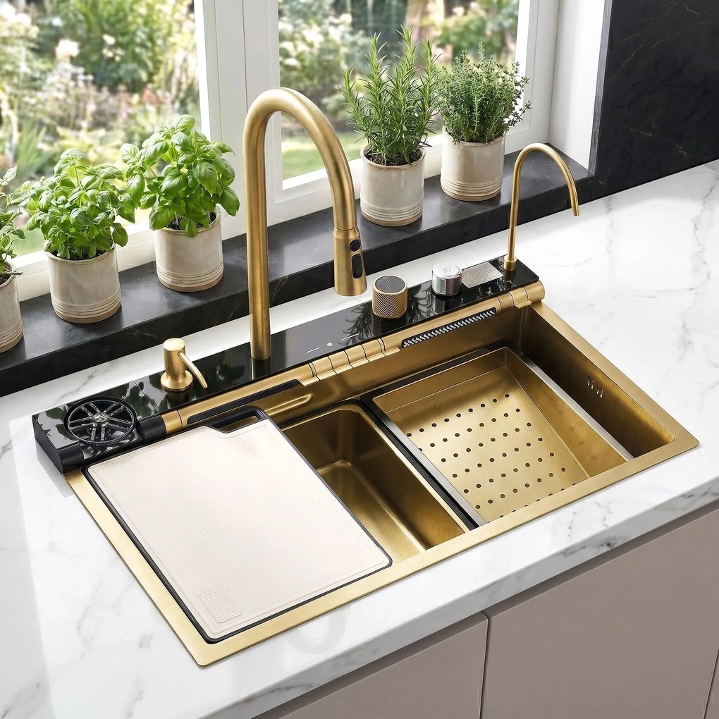 Multifunctionele 10-in-1 stalen spoelbak REA Alonzo Brush Gold