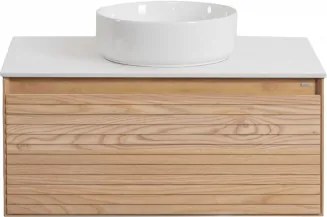 Tedrik Zwevend Badkamermeubelset 80x50 Cm In Essenhout Ash Brown & Rond Keramiek Wit Ø40 Cm Lenka & Spiegelloze & Zonder Kraan - Sklum