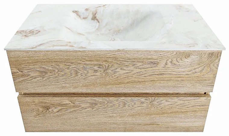 Mondiaz Vica DLux badmeubel 90cm washed oak 2 lades met wastafel frappe midden 1 kraangat