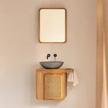 Georgy Teakhouten Wandmeubelset Voor In De Badkamer Teakhout & Rond Grijs Cement Ø40 Cm Tarsis & Rechthoekig Met Opbergruimte Hout 45x60 Cm Ian -