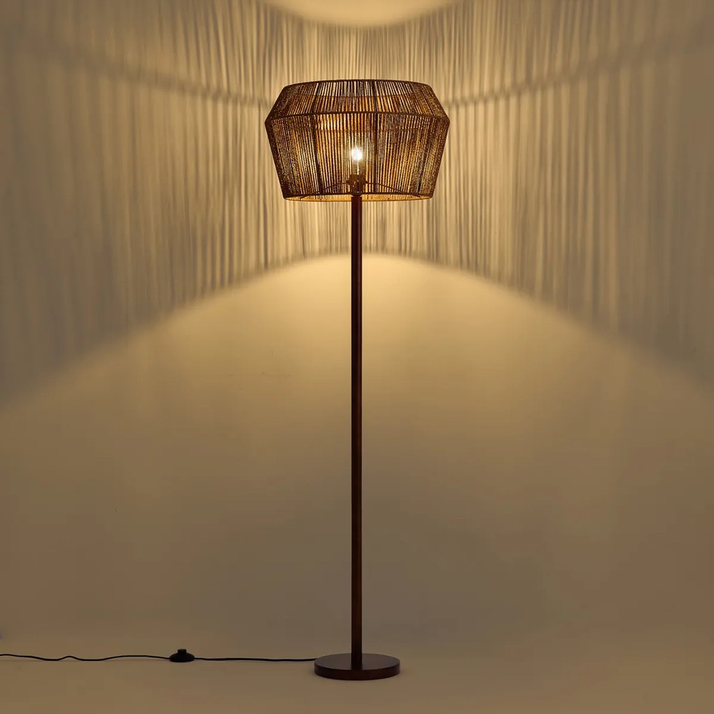 Vloerlamp walnoot hout met bruine papieren touw kap 50/50/30 - Mels