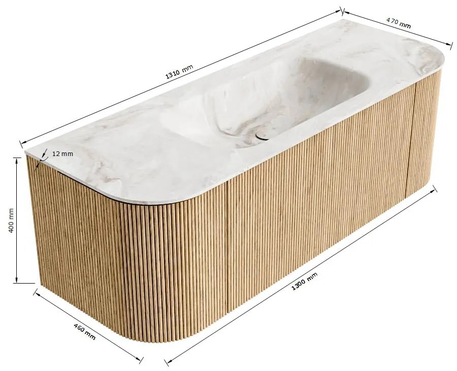 Mondiaz Kurve-dlux 130cm badmeubel ronding links/rechts shadow met 1 lade en 2 deuren en wastafel big small midden zonder kraangat glace