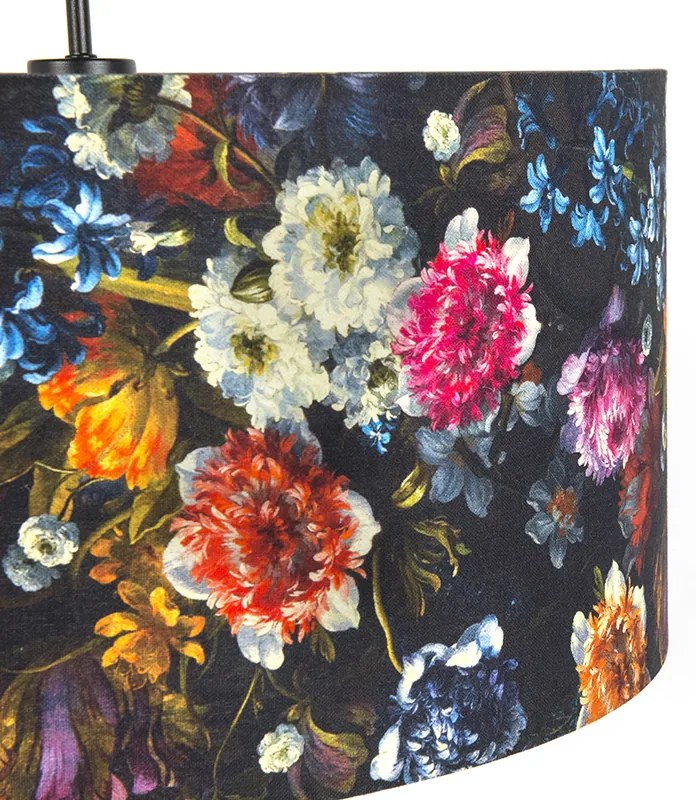Stoffen Eettafel / Eetkamer Romantische hanglamp zwart met bloemen kap 50 cm - Combi 1 Modern E27 rond Binnenverlichting Lamp