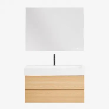 Badkamermeubelset Van Hout En Essenhoutfineer Met Geïntegreerde Wastafel Ona Natuurlijk Hout & Rectangular Led And Antifog 120x90 Cm - Sklum