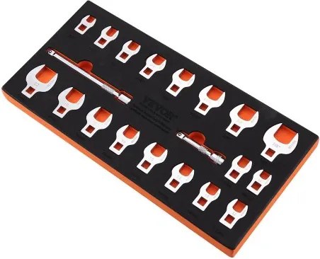 VEVOR Crowfoot-sleutelset, 3/8-inch aandrijving, 20-delige Crowfoot-sleutelset met 2 verlengstukken en EVA-gereedschapsorganizer, SAE 3/8-7/8 inch en metrisch 10-22 mm, 40CR-materiaal