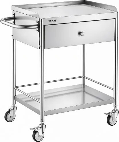 VEVOR Tweelaagse laboratoriumwagen Apparatuurwagen Medische technologie Serveerwagen 201 Roestvrijstalen draagbare afruimwagen met laden Draagvermogen 100 kg, 710 x 421 x 785 mm (met handvat) Laboratoriumwagen