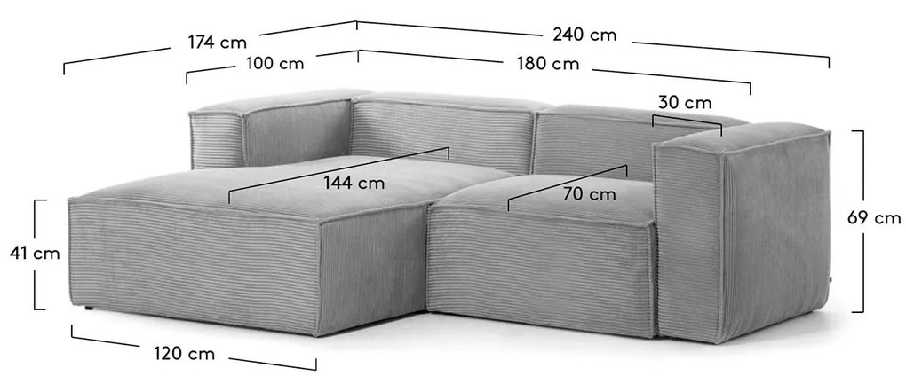 Kave Home Blok Kleine Hoekbank 240 Cm Ribstof Grijs Chaise Longue Links