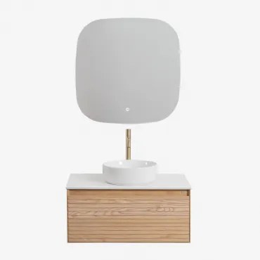 Tedrik Zwevend Badkamermeubelset Van Essenhout Ash Brown & Rond Keramiek Wit Ø40 Cm Lenka & Vierkant Led En Anticondens 75x75 Cm Riben & - Sklum