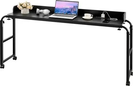 VEVOR Overbedtafel Mobiel nachtkastje met 4 wielen (2 met remmen) en stopcontact, in hoogte verstelbare laptoptafel met wielen, draagbare bedtafel van spaanplaat voor thuiskantoor, studeerkamer, zwart