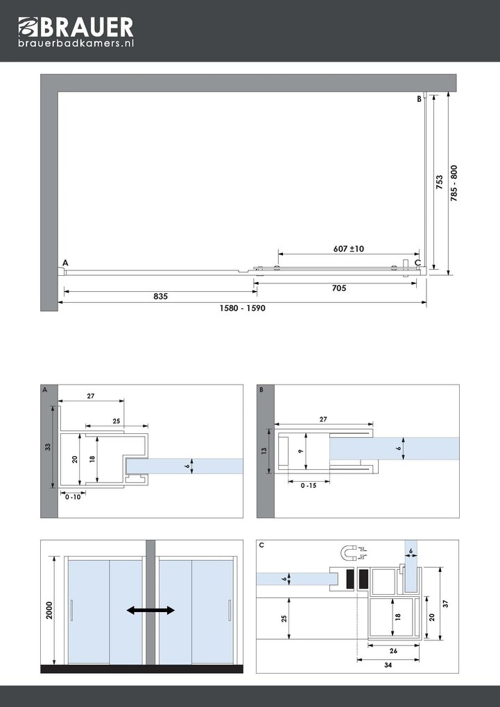 Brauer Season douchecabine met schuifdeur 160x80cm chroom
