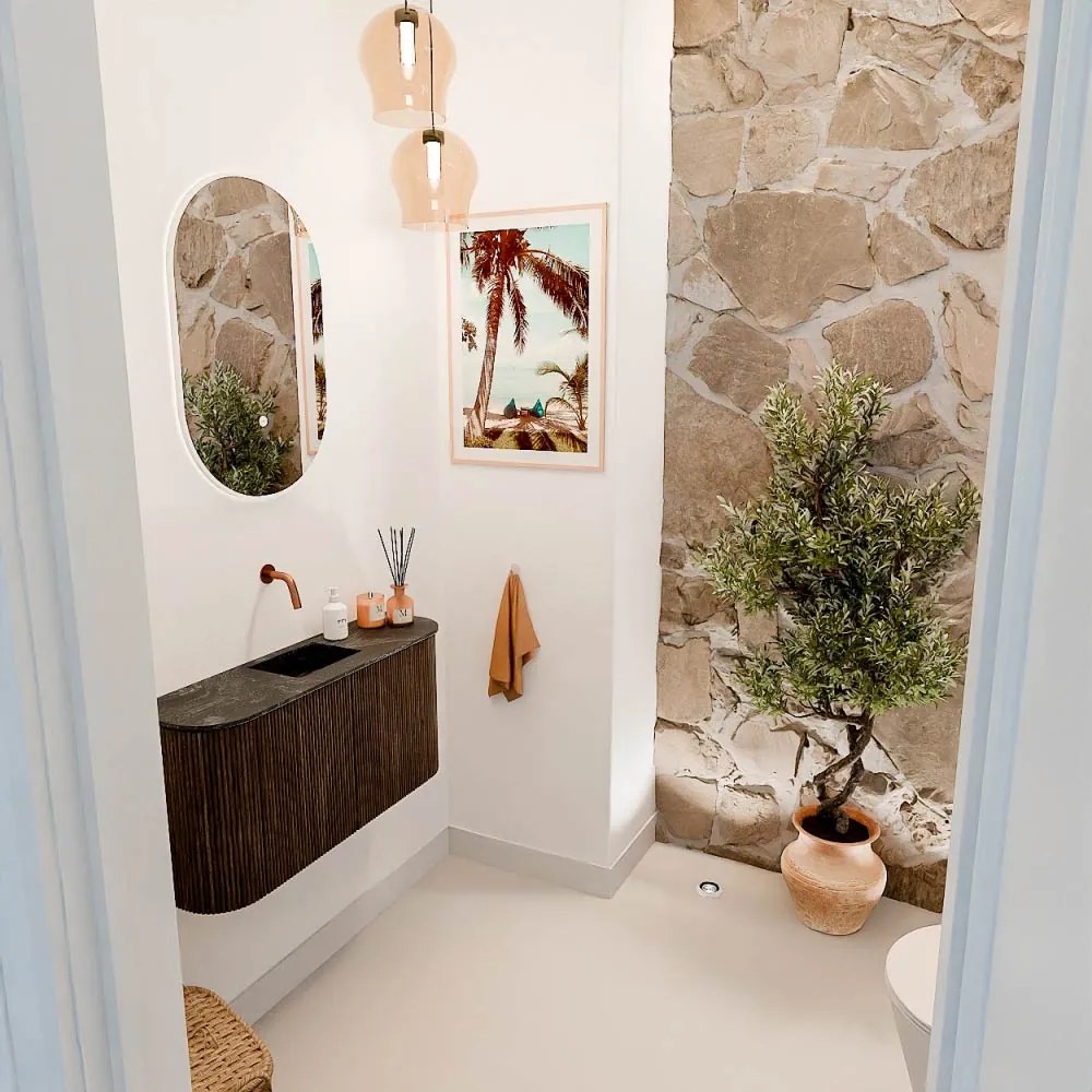 Mondiaz Joya DLux 85cm toiletmeubel ronding links/rechts walnut met wastafel faye midden zonder kraangat lava