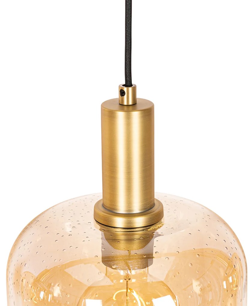 Eettafel / Eetkamer Smart hanglamp zwart met messing en amber glas 4-lichts incl. 4 Wifi G95 - Zuzanna E27 bol / globe / rond Binnenverlichting Lamp