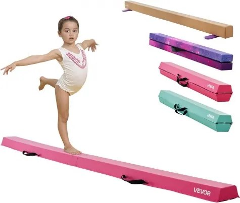 VEVOR Evenwichtsbalk Gymnastiek Kinderen Opvouwbaar 233 cm, Draagvermogen 90,7 kg Gymnastiekbalk met Antislipbodem, Evenwichtsbalk met Draagtas voor Gym, Roze