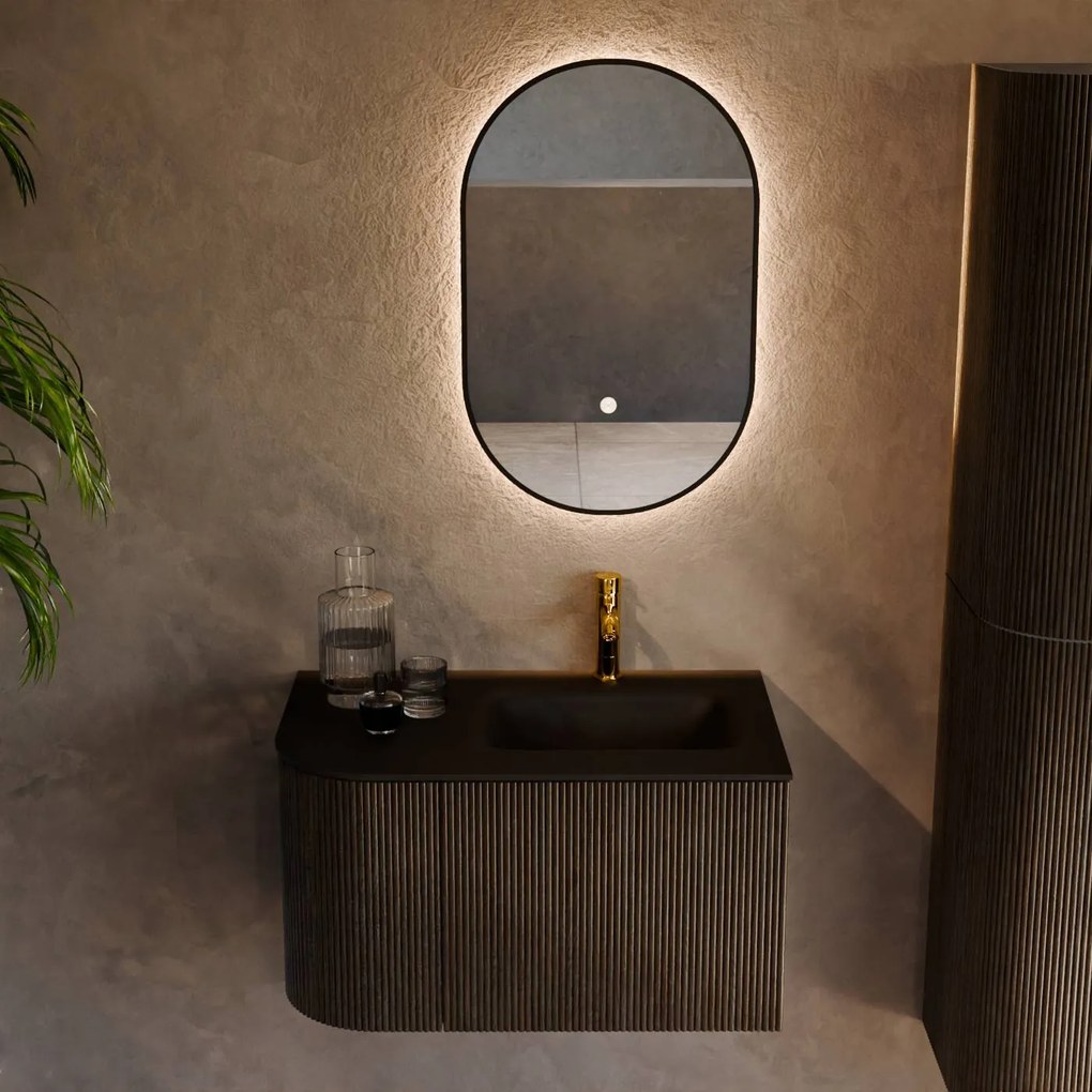 Mondiaz Kurve 75cm badmeubel ronding links shadow met 1 lade en deur en wastafel grunne kraangat rechts urban