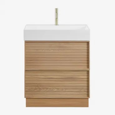 Badmeubelset 70x50 Cm Van Hout Met Geïntegreerde Wastafel Jolene Natuurlijk Hout & Spiegelloze & Geborsteld Goud ↑20 Cm - Sklum